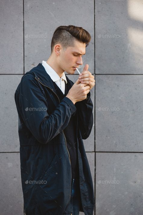 Fashion hipster male model smoking by arthurhidden. Fashion hipster male model smoking cigarette on the street#male, #model, #Fashion, #hipster Cigeratte Pose Reference, Man With Ciggerate, Holding Ciggerate Reference, References Male, Anime Side View, Poses Guy, Wizard Oc, Male Model Fashion, Wayne Clark