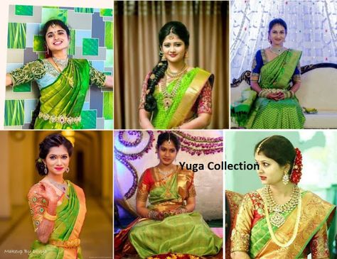 Parrot Green Kanjeevaram Bridal sarees with contrast Blouse combination Sarees With Contrast Blouse, Saree Contrast Blouse, Parrot Green Saree, The Golden Lady, Green Blouse Designs, Parrot Costume, South Indian Bridal Jewellery, Blue Silk Saree, Half Saree Lehenga