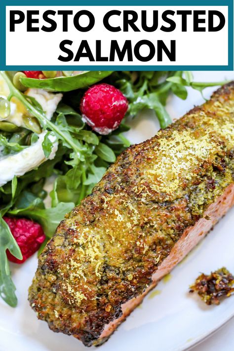 Pesto crusted salmon is a super simple healthy weeknight dinner that's packed with flavor. This salmon with a pesto crust can be made in the air fryer or the oven - whatever works for you! Pesto Air Fryer Salmon, Pesto Crusted Salmon, Pesto Salmon Recipe, Kale Quinoa Salad, Simple Healthy Recipes, Pesto Salmon, Frozen Salmon, Healthy Weeknight Dinners, Crusted Salmon