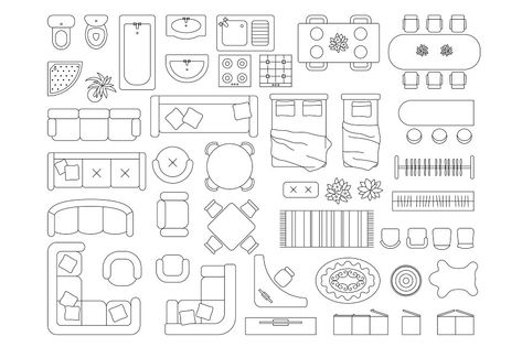 Rooms Drawing, Furniture Top View, Interior Design Major, Tools Illustration, Floor Plan Symbols, Interior Architecture Sketch, Coffee Shop Interior, Apartment Plan, Drawing Furniture