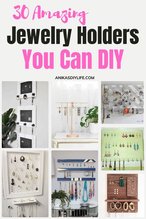 Organize your jewelry with these easy DIY jewelry holders. Make your own to hang on the wall or sit on a dresser. Easy beginner projects with tutorials. #anikasdiylife Necklace Diy Organizer, Holder For Earrings, Diy Dangle Earring Holder, Diy Wooden Jewelry Display, Small Jewelry Organizer, How To Make A Jewelry Holder, Dollar Store Jewelry Organizer Diy, Jewellery Holder Diy, Easy Diy Jewelry Holder