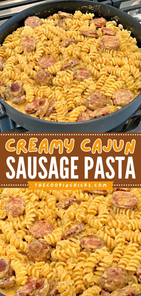 Here's a sausage dinner that doubles as an easy lunch idea! It's a simple pasta recipe with just 5 ingredients. Creamy and packed with flavor, this Cajun Sausage Pasta is sure to be a hit with everyone! Save this cajun recipe! Cajun Pasta With Sausage, Cajun Sausage Pasta, Sausage Pasta Recipe, Smoked Sausage Pasta, Sausage Recipes For Dinner, Cajun Sausage, Smoked Sausage Recipes, Sausage Dinner, Resep Pasta