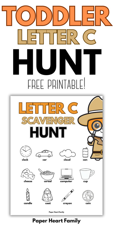 One of the easiest letter C activities! This letter C scavenger hunt will have your child running around looking for all of the things that start with the c sound. Perfect for toddlers, preschoolers and kindergarten kids! Letter A Scavenger Hunt, Letter C Scavenger Hunt, Letter C Montessori Activities, The Letter C Crafts Preschool, Letter C Games For Preschool, Letter C Sensory Bin, Letter C For Preschool, Letter C Preschool Activities, Letter C Activities For Toddlers