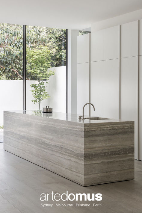 Explore our extensive range of stone and porcelain kitchen benchtop solutions. In Stock. Available nationwide. Silver Travertine, Minimal Kitchen, Parisian Apartment, Minimalism Interior, Local Design, Apartment Design, Contemporary Interior, Modern Kitchen Design, Kitchen Interior