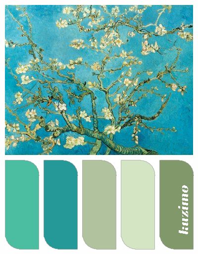 Almond Blossom by Van Gogh and color harmony Color Palettes For Home, Van Gogh Almond Blossom, Almond Tree, Arte Van Gogh, Almond Blossom, Design Seeds, Color Palette Design, Color Harmony, Colour Schemes