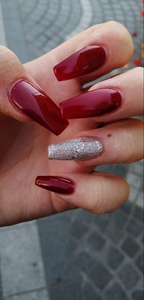 Burgundy With Silver Nails, Red And Red Glitter Nails, Red And Silver Nails Coffin, Red Nail Designs Homecoming, Red With Silver Glitter Nails, Burgundy Nails With Silver Glitter, Red Nails And Glitter, Red Nails Acrylic With Glitter, Red Nails Design Glitter