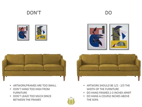 Hanging art can come with it challenges. Luckily, our Interior Designer, Cassie, put together a few visuals and tips to help you hang art like a pro! Below, you will find a few examples of the most common mistakes we see when it comes to placement and spacing and examples of how to correct them. Wall Art Living Room Behind Couch, Picture Over Sofa, Two Pictures Above Sofa, Prints Above Sofa, Picture Above Sofa, Paintings Behind Sofa, Pictures Over Sofa Ideas, Artwork Over Sofa, Art Size Above Couch