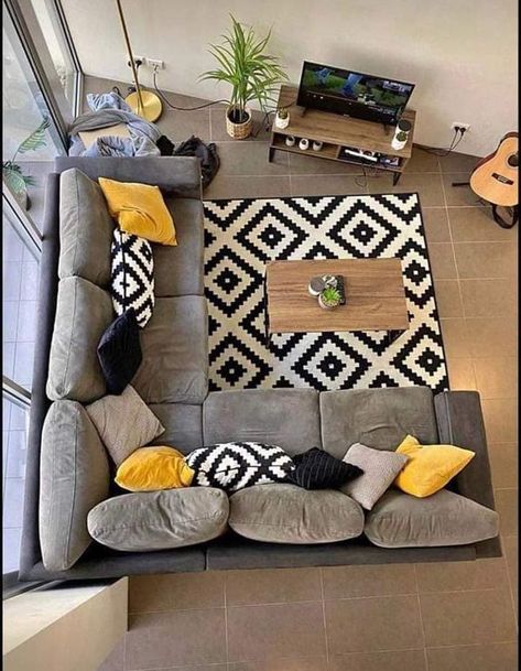 Grey L Sofa Living Room Ideas, Grey And Mustard Living Room Ideas, Grey L Shaped Sofa, Brown Couch Decor, Drawing Room Furniture, Brown Couch Living Room, Grey Couch Living Room, Condo Living Room, Apartment Dining Room