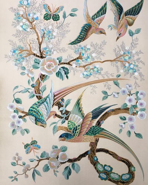 English Decoratives on Instagram: “Sneaky Peek of a new silk Chinoiserie. Inspired from oriental embroidered silks. I have used a similar decorative painting technique to my…” Chinoiserie Wall Panels, Chinoiserie Paintings, Decorative Painting Techniques, Chinoiserie Panels, Chinoiserie Furniture, Kintsugi Art, Chinoiserie Art, Chinoiserie Design, Vietnam Art