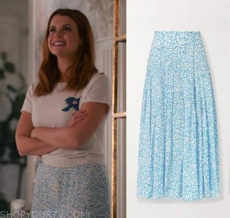 Maddie Townsend, Sweet Magnolias Show Outfits, Maddie Townsend Outfits, Maddie Sweet Magnolias Outfits, Maddie Townsend Style, Sweet Magnolias Outfits, Joanna Garcia, Blue Midi Skirt, Sweet Magnolia