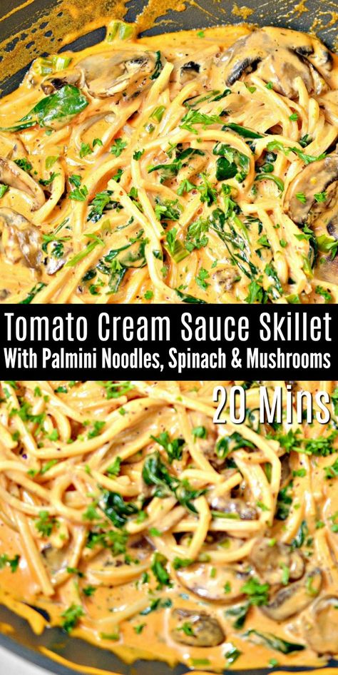 Keto Tomato Cream Sauce Skillet - This keto tomato cream sauce with palmini noodles, spinach and mushrooms tastes like your favorite family pasta dinner but without all the carbs. Only 6 net carbs per serving! #keto #ketodiet #Ketorecipes #ketocreamsauce #ketoskillet #palmininoodles #dinnerideas #vegetarianrecipes #healthyrecipes #food #recipes Low Carb Pasta Sauce Recipe, Palmini Noodles Recipes Optavia, Recipes Using Palmini Noodles, Recipes Using Hearts Of Palm Noodles, Keto Pasta Sauce Recipe, Bariatric Pasta Recipes, Palmini Linguine Recipes, Low Carb Sauces For Pasta, Keto Palmini Recipes