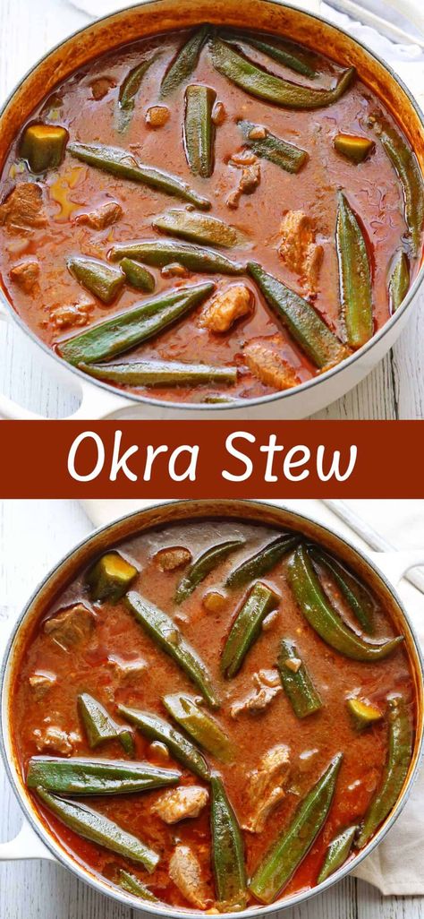 This hearty and flavorful okra stew features tender pieces of beef and okra cooked in a rich tomato-and-onion-based broth. Okra Soup Nigerian, Okra Recipes Healthy, Stew With Ground Beef, Stewed Okra, Okra Soup, Okra Stew, Okra Recipes, Healthy Food Blogs, Delicious Vegetarian