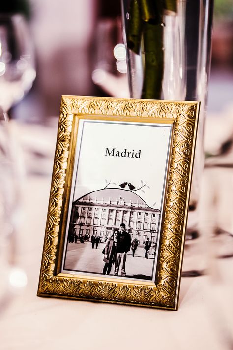 The couple named each table after a city they visited. Each were placed in an elegant gold frame. Table Numbers Ideas, Wedding Cakes Flavors, Travel Centerpieces, Wedding Cakes Fondant, Tables Chart, Cakes Flavors, Wedding Table Planner, Wedding Candles Table, Wedding Arch Rustic