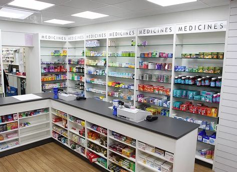 Medical Shop Furniture Design, Pharmacy Shelves Design, Medical Shop Counter Design, Pharmacy Design Interior Shelves, Pharmacy Decor Interior Design, Pharmacy Shop Design, Small Pharmacy Design, Small Pharmacy Design Interior, Pharmacy Counter Design