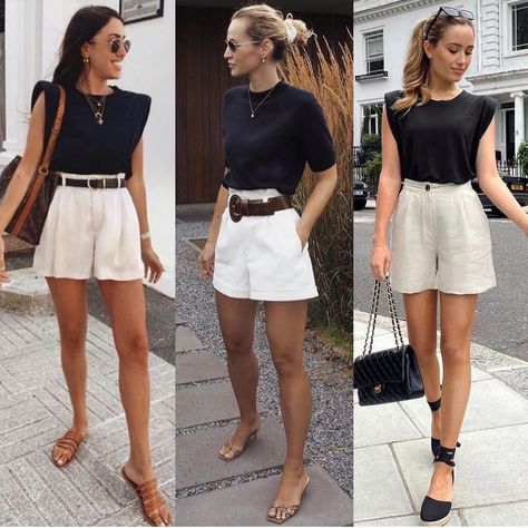 Look Shorts Branco, White Shorts Outfit, Outfit Elegantes, Ny Outfits, Simple Summer Style, Short Blanc, European Summer Outfits, Shorts Outfits Women, Summer Shorts Outfits