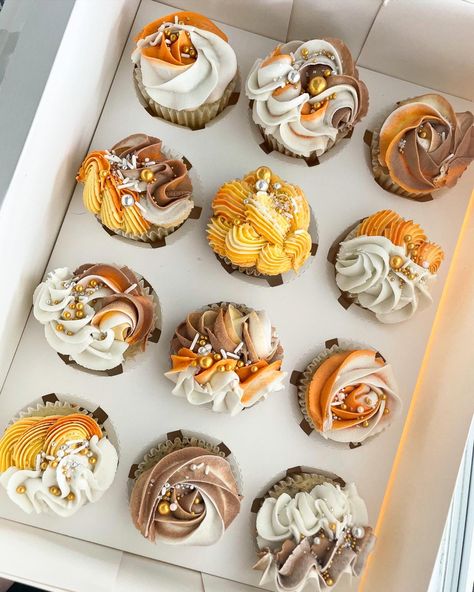 Brown Cupcakes, Yellow Cupcakes, Fall Cupcakes, Birthday Inspiration, Birthday Cupcakes, Orange Brown, Yellow And Brown, Yellow Orange, Orange Yellow