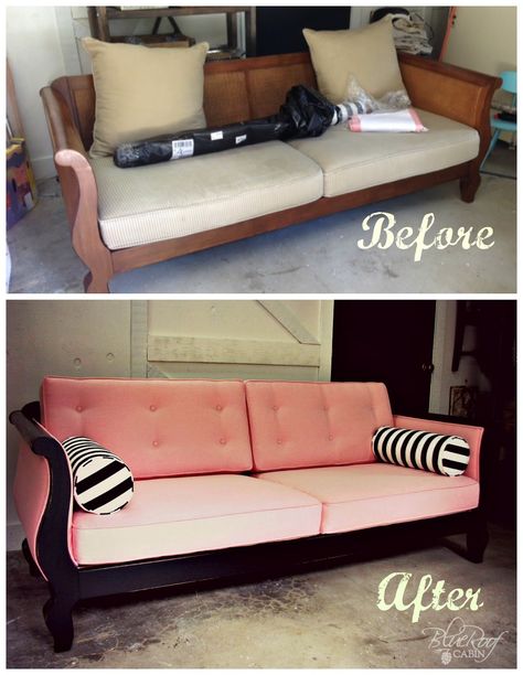 Sofa Refurbish Ideas, Old Sofa Makeover Ideas Wooden, Reupolstry Couch Diy, Reupholstered Vintage Couch, Pink Tuxedo Sofa, Reupholstered Antique Sofa, Couch Makeover, Reupholster Chair Dining, Furniture Remodeling