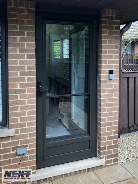 Black Front Door With White Storm Door, Black Storm Door, Farmhouse Hardwood Floor, Black Front Door Ideas, White Storm Door, Black Front Door, Porch Door, Storm Doors, Black Front Doors