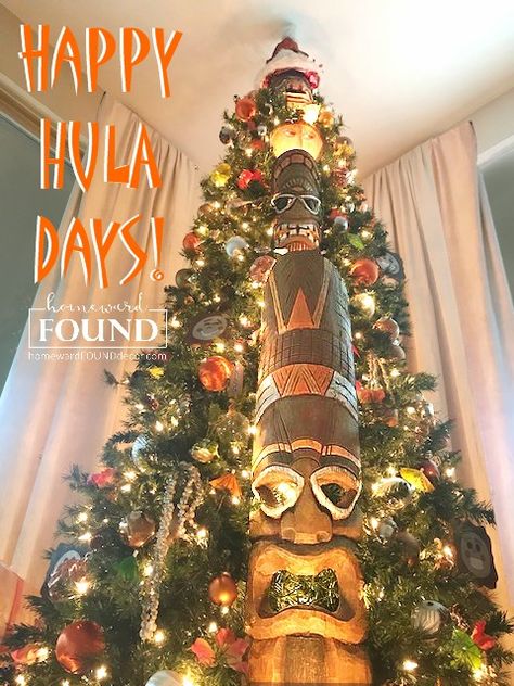 happy HULAdays, everyone! add some tropical punch to your Christmas tree by adding wood tiki masks - click through to see details on the blog! Happy Huladays, Tiki Christmas Decorations, Tiki Gingerbread House Ideas, Christmas Tiki Party, Tiki Christmas Tree, Hawaii Christmas Trees, Tropical Christmas Trees, Hawaii Christmas Ornaments, Tiki Restaurant