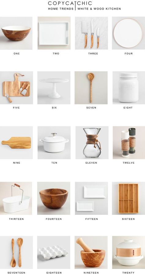 Kitchen Organization Essentials, White And Wood Pantry, Kitchen Registry, Wood Kitchenware, White And Wood Kitchen, Kitchen Essentials List, Minimalist Dekor, Trend Products, Kitchen Clean