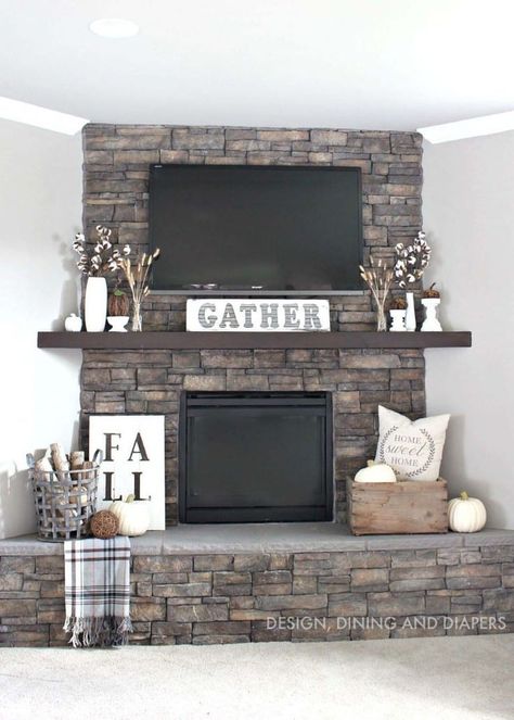 Ideas for Decorating Around a TV Over the Fireplace Mantel, stone fireplace and mantel decor via Design Dining and Diapers Mantel Ideas, Mantel Design, The Mantle, Fireplace Makeover, Design Del Prodotto, Cool Ideas, Fall Decorating, Decor Minimalist, A Living Room