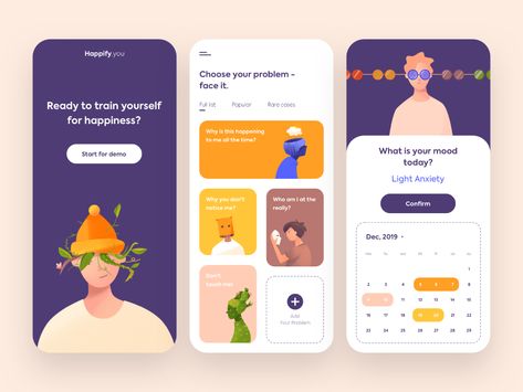 Mobile App - Happify by Outcrowd on Dribbble Apps Design Ideas, Calm App Design, Home Page App Design, App Ideas Inspiration, App Mobile Design, Creative App Design, Website Moodboard, To Do App, Health Apps