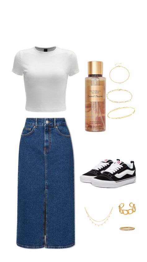 #jupe#jean#bijoux#brume#victoria#top#vans Chruch Outfits, Looks Total Jeans, Modest Outfit Ideas, Skirt Inspiration, Chic Dress Classy, Mode Zara, Modesty Outfits, Cute Modest Outfits, Denim Skirt Outfits