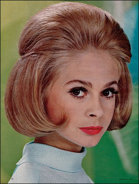 1965 hairstyle in FAMILY CIRCLE MAG. 1965 Hairstyles, 1960’s Hairstyles, 1960s Hair And Makeup, 60’s Hair, 60s Hairstyles, Vintage Eyes, Palm Royale, 1960s Hair, 60s Hair