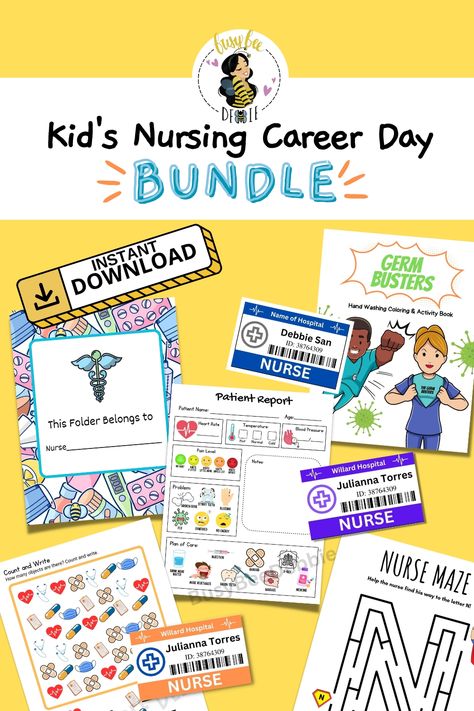 This Printable Nurse Bundle for Kids is the perfect resource for Career Day or Nurse Week! It includes coloring pages, activities, ID badges, patient report sheets and folder covers. Plus, check out my blog for a free lesson plan and goodie bag ideas! With this bundle, kids will have fun while learning about the important role of nurses in healthcare.

Visit my blog post! Copy & Past the link ⬇️
https://payhip.com/BusyBeeDebbie/blog/nurse-life/nursing-101-my-first-elementary-teaching-demo Great American Teach In Nurse Ideas, Career Day Nurse Presentation, Nurse Career Day Ideas, Career Day Nurse Presentation For Kids, Nurse Career Day Ideas For Kids, Career Day Nurse, Nurse Career Day, Career Day Ideas, Nurse Bundle