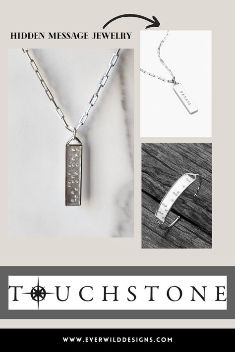 We developed the Touchstone collections as a way to keep personal messages close while maintaining a wee bit of privacy. It's beautiful jewelry that contains 'hidden' messages spelled out in the Braille language set into rings, bracelets and pendants with diamonds and other semi-precious stones that you can just pass your finger over to 'read'. From Beloved to Badass, you can keep your sentiments close while keeping them just private enough. Makes a 'touching' gift. Secret Message Jewelry, Homemade Jewelry Cleaner, Pregnant Bride, Acupressure Massage, Permanent Jewelry, Angel Gifts, Hidden Messages, Soldering Jewelry, Hidden Message