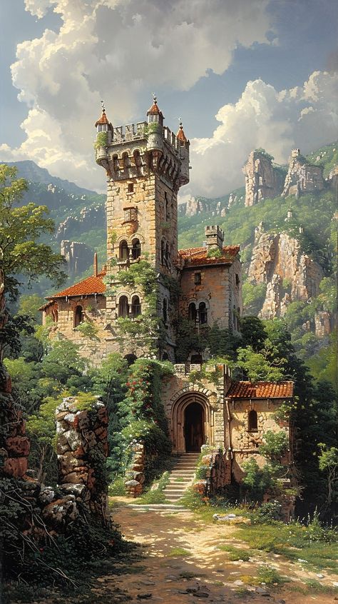 Castle Aesthetic Painting, Medieval Scenery Art, Medieval Manor Concept Art, Castle In Forest, Fantasy Castle Exterior Art, Germany Castle Aesthetic, Medieval City Landscape, Busy Drawing, Tiny Glade