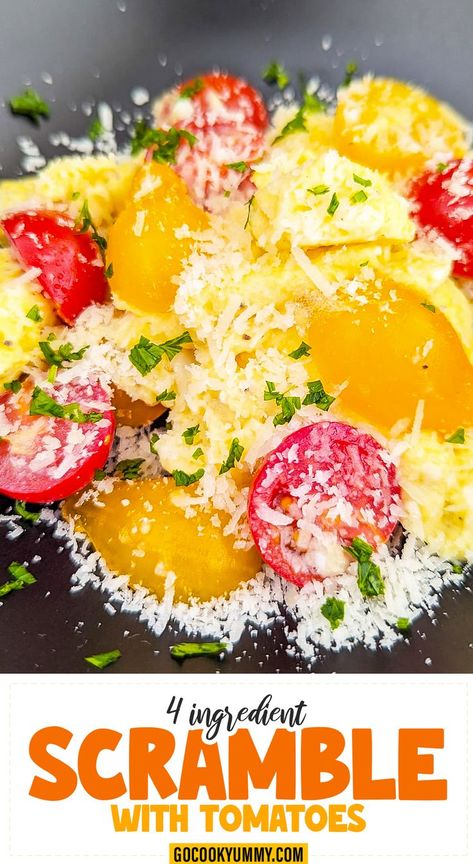 Eggs cooked with sweet cherry tomatoes, rich butter and savory Parmesan come together in an easy, 3-minute scramble that makes the perfect quick breakfast. Tomato And Egg, Breakfast With Eggs, Tomato Egg, Egg Scramble, Balanced Breakfast, 4 Ingredient, Parmesan Cheese, Scrambled Eggs, Cherry Tomatoes