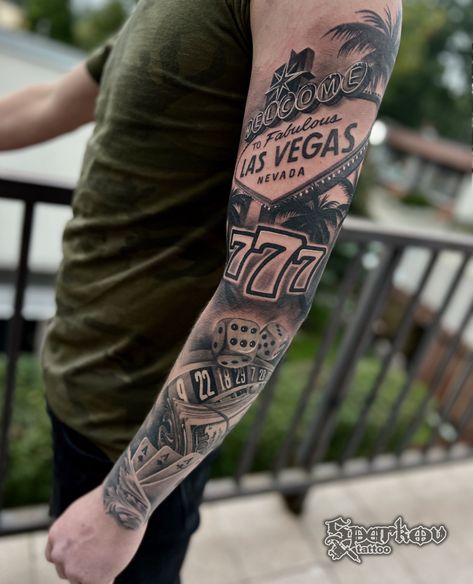 Realistic tattoo by Nikolay Sparkov. #sleeve #tattoo #tattoosleeve #realistictattoo Vegas Sleeve Tattoo, Vegas Theme Tattoo, Wolf Of Wall Street Tattoo, Tatto For Man Men Tatoo, Las Vegas Tattoo Ideas, Gambler Tattoo, Men Sleeve Tattoo Ideas, Leg Sleeve Tattoo Ideas, Realism Tattoo Sleeve