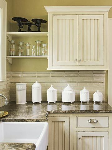 I really like the open shelves. They'd be perfect for my cookbooks and large canisters. Small Kitchen Island Ideas, Dining Room Wainscoting, Small Cottage Kitchen, Marble Countertops Kitchen, Kitchen Cabinet Styles, Kitchen Marble, Kitchen Redo, Painting Kitchen Cabinets, Cottage Kitchen