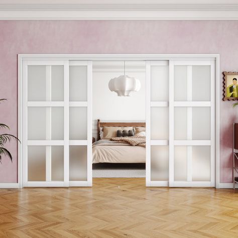 ARK DESIGN Clear Glass Sliding Pocket Door White Standard Door with Hardware Kit Set | Wayfair Frosted Glass Sliding Door, Sliding Interior Doors, Sliding Closet Door, Sliding French Doors, Sliding Room Dividers, White Closet, Sliding Pocket Doors, Room Divider Doors, Sliding Closet