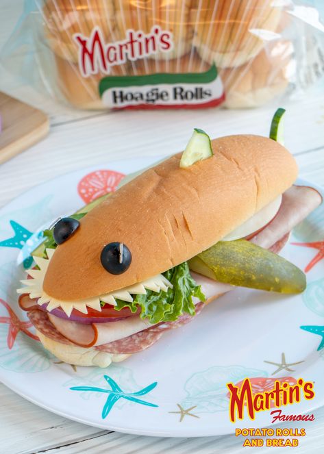 Shark Week Food, Shark Week Recipes, Shark Snacks, Submarine Sandwich, Shark Week Party, Shark Themed Party, Potato Rolls, Shark Themed Birthday Party, Hoagie Rolls