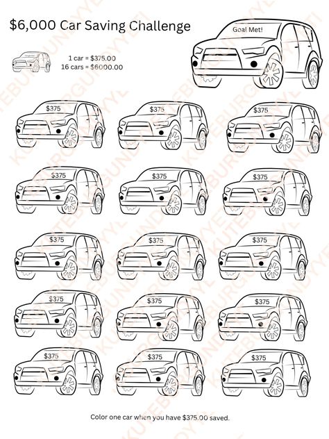 Car saving challenge. You can print it or download it as a digital template and put it in your planners. 600 Saving Challenge, Budget Challenge Saving Money, $1 Savings Challenge, 6000 Savings Challenge, Car Saving Challenge, Money Stuffing, Car Savings Challenge, Car Saving, Saving Money Chart