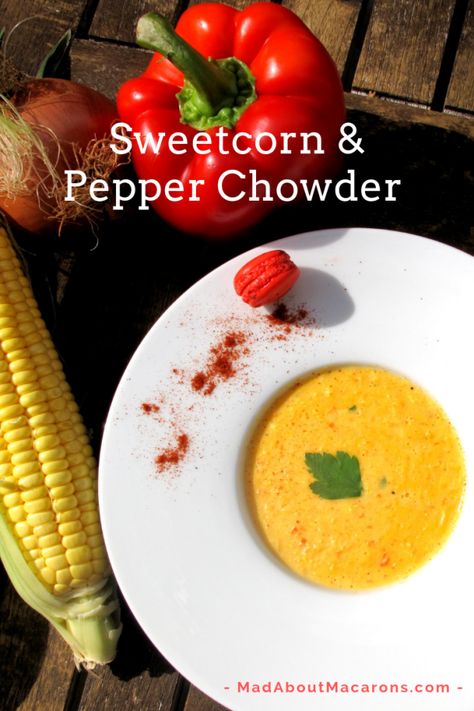 Sweetcorn & red pepper soup or chowder, an easy, healthy elegant start to a summer meal with friends  #sweetcorn #healthyrecipes #corn #chowder #redpepper #starters Sweetcorn Soup, Soup Chowder, Corn Stock, Soup Restaurant, Red Pepper Recipes, Easy French Recipes, Corn Soup Recipes, Sweet Corn Soup, Red Pepper Soup