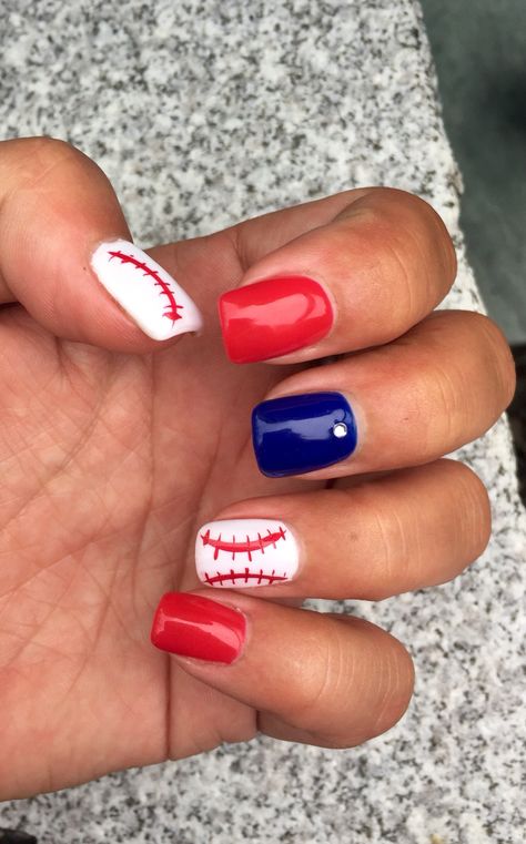 Fourth of July baseball nails Short Baseball Nails, Baseball Mom Nails, Braves Nails Atlanta, Atlanta Braves Nails Designs, 4th Of July Baseball Nails, Baseball Nails Design Mom, Subtle Baseball Nails, Baseball 4th Of July Nails, Atlanta Braves Nails