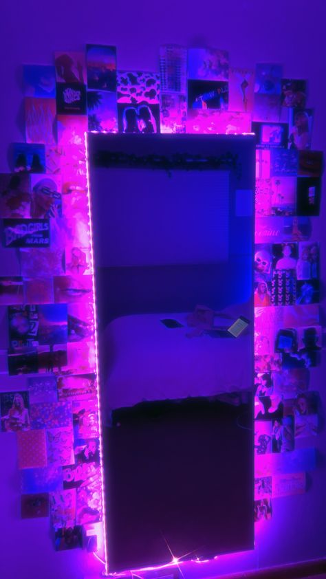 Room Ideas Mirror Wall, Mirror Set Up, Mirror Wall Decor Bedroom Led Lights, Bedroom Mirror Aesthetic, Led Lights And Posters Bedroom, Mirror Pics Led Lights, Mirror Selfie Aesthetic Led Lights, Vibey Room Aesthetic, Purple Led Mirror