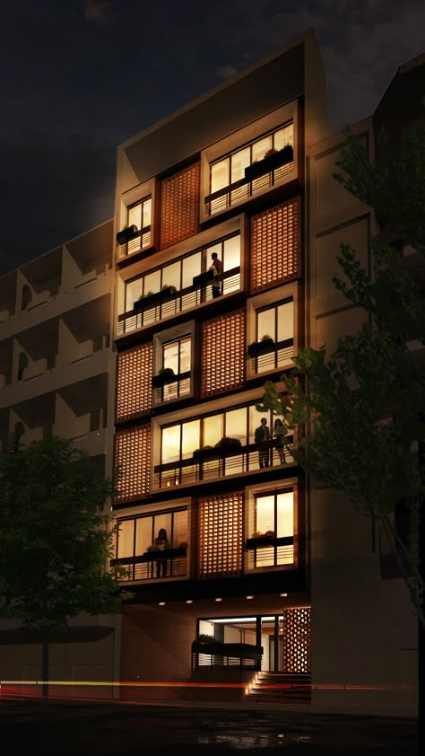 Apartment Facade Design Architecture, Brick Facade Design, Apartment Amenities, Apartment Facade, Apartment Lobby, Hotel Facade, Apartments Exterior, Commercial Design Exterior, Window Architecture