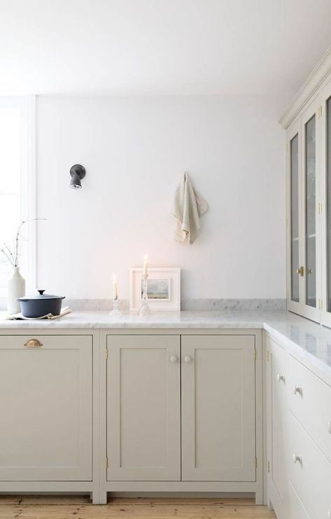 Color Trend: Clay is the New Gray #home Tan Kitchen Cabinets, Neutral Kitchen Cabinets, Greige Kitchen, Kitchen Cabinet Trends, Devol Kitchens, Neutral Kitchen, New Kitchen Cabinets, Marble Counter, Ideas Hogar