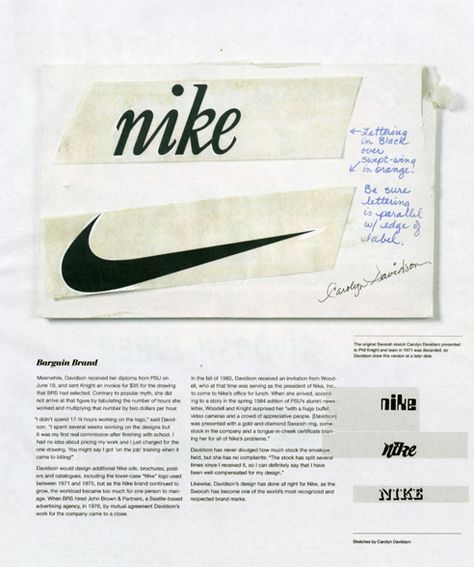 Nike Swoosh Sketch: the original Nike logo was created in 1971 by Portland State University graphic design student Carolyn Davidson – for $35. None of the founders were enthusiastic about the 6 initial designs she created and simply picked the one “which was the least awful.” Carolyn Davidson, Foto Muro Collage, Nike Poster, Poster Graphic Design, Logo Design Love, Sneaker Posters, Mode Editorials, Logo Design Process, Nike Vintage