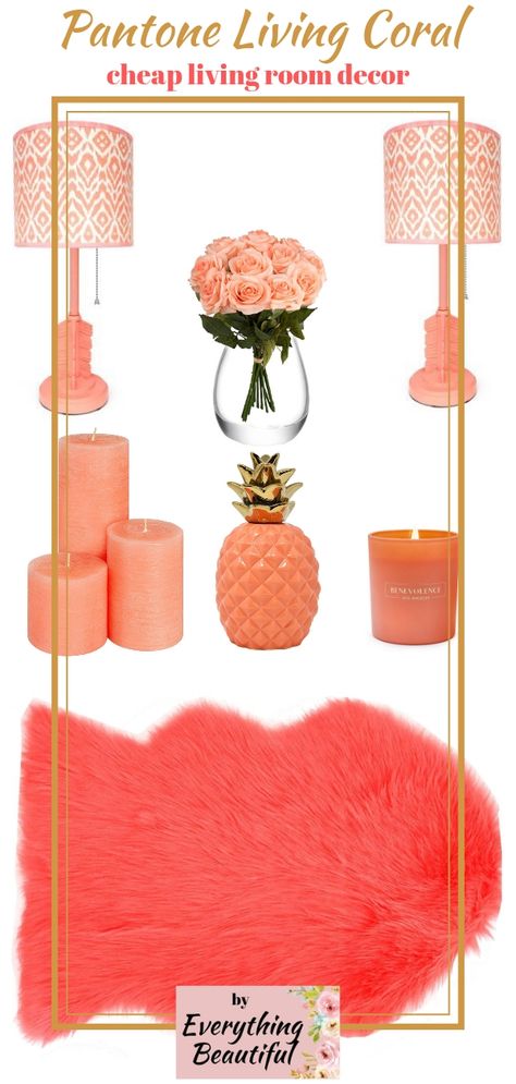 With this Pantone living coral cheap decor you can transform your living room into a modern one in the color of the year 2019. All the accessories and decorations  are from Amazon and you can shop them online at the store under 35$. This would look great with teal and white and will give to your interior those warm accents that your space needs. #livingcoral #coloroftheyear #livingroomdecorations #roomaccessories #coraldecor 21//01//2019 by Everything Beautiful Peach Living Room Decor Ideas, Coral Decorating Ideas Living Room, Beautiful Hallways, Coral Living Rooms, Cheap Living Room, Coral Nursery, Black Furniture Living Room, Affordable Living Room Furniture, Cosy Decor