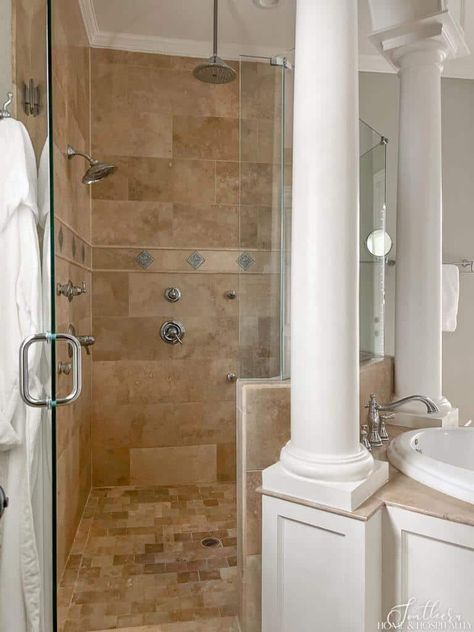 How we transformed our outdated 90's primary bathroom and kept on budget by planning a timeless design and cosmetic-only changes, with new tile, counters, fixtures, and a spa-like new paint color! Cream Colored Bathrooms, Timeless Decorating, Bathroom Remodel Inspiration, Bath Surround, Tile Counters, Bronze Fixtures, Modern Style Bathroom, Gold Tile, New Paint Colors