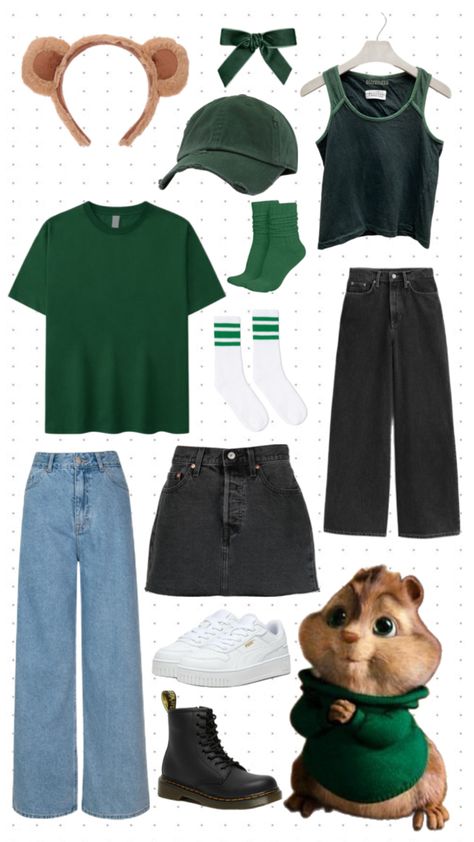 Collage style mood-board for a Theodore from Alvin and the Chipmunks costume. Includes chipmunk ears, green hat, green tshirt, green tank top, green sock, black jeans, black skirt and white shoes Theodore Chipmunk Costume, Theodore Chipmunk, The Chipmunks Costume, Alvin And The Chipmunks Costume, Chipmunk Costume, Chipmunks Costume, Alvin And The Chipmunks, Halloween Costume Outfits, Costume Outfits