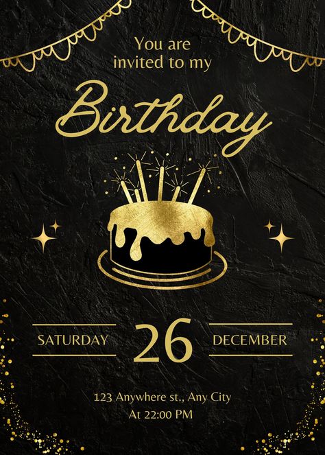 Black and Gold Elegant Birthday Party Invitation - Templates by Canva Black And Gold Invitations Template, Black And Gold Party Invitations, Black And Gold Birthday Invitations, Gold Invitations Birthday, Black And Gold Invitations, Birthday Invitation Card Template, Elegant Birthday Party, Bday Invitations, Sweet Sixteen Invitations