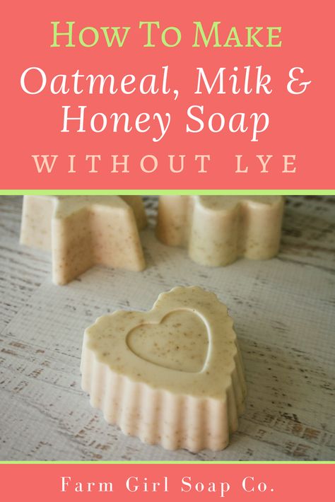 This no lye oatmeal, milk and honey soap recipe is perfect for beginners. By Angela Palmer's Farm Girl Soap Co. How to Make Soap | Oatmeal Soap Recipe | Goat Milk Soap Recipe | How To Make Soap without Lye Milk And Honey Soap Recipe, Oatmeal Soap Recipe, Soap Without Lye, Honey Soap Recipe, Milk And Honey Soap, Goat Milk Soap Recipe, Milk Soap Recipe, Diy Soap Bars, Diy Soap Recipe