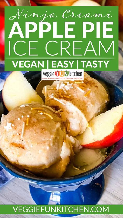 Apple pie ice cream will bring a little taste of fall to any time of year! This vegan ice cream is super easy to make in the Ninja Creami Ice Cream Maker. Made with canned apple pie filling, a little spice, and Ritz Crackers to lend an authentic apple pie flavor, this dairy-free ice cream is sure to please. | @veggiefunkitchen #veganninjacreamiicecream #bestplantbasedicecream #plantbasedfalldesserts #plantbasedninjacreamirecipes Vegan Frozen Dessert, Canned Apple Pie, Vegan Thanksgiving Dessert, Vegan Pies Recipes, Apple Pie Ice Cream, Ninja Ice Cream Recipe, Apple Ice Cream, Healthy Apple Pie, Apple Pie Filling Recipes