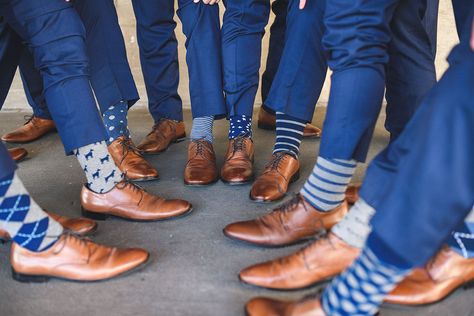 Navy Fall Wedding, Tan Dress Shoes, Tan Groomsmen, Grey Blazer Outfit, Navy Tux, Groomsmen Shoes, Blue Groomsmen, Groom Socks, Navy Blue Tuxedos